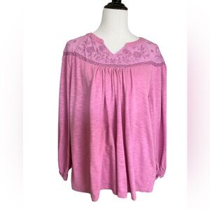 Style & Co Long Sleeve Embroidered Peasant Top Lace Inset Pink XL
